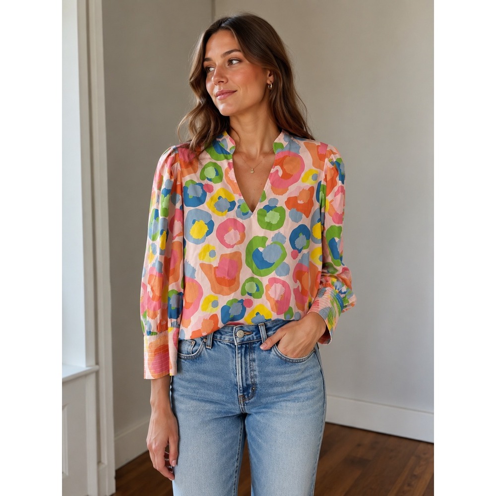 Emily McCarthy Poppy Top Abstract Leopard Print V-Neck Blouse Multi-Color Size M